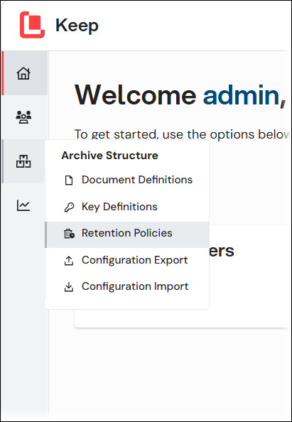 The Retention Policies menu item in the Keep admin menu.